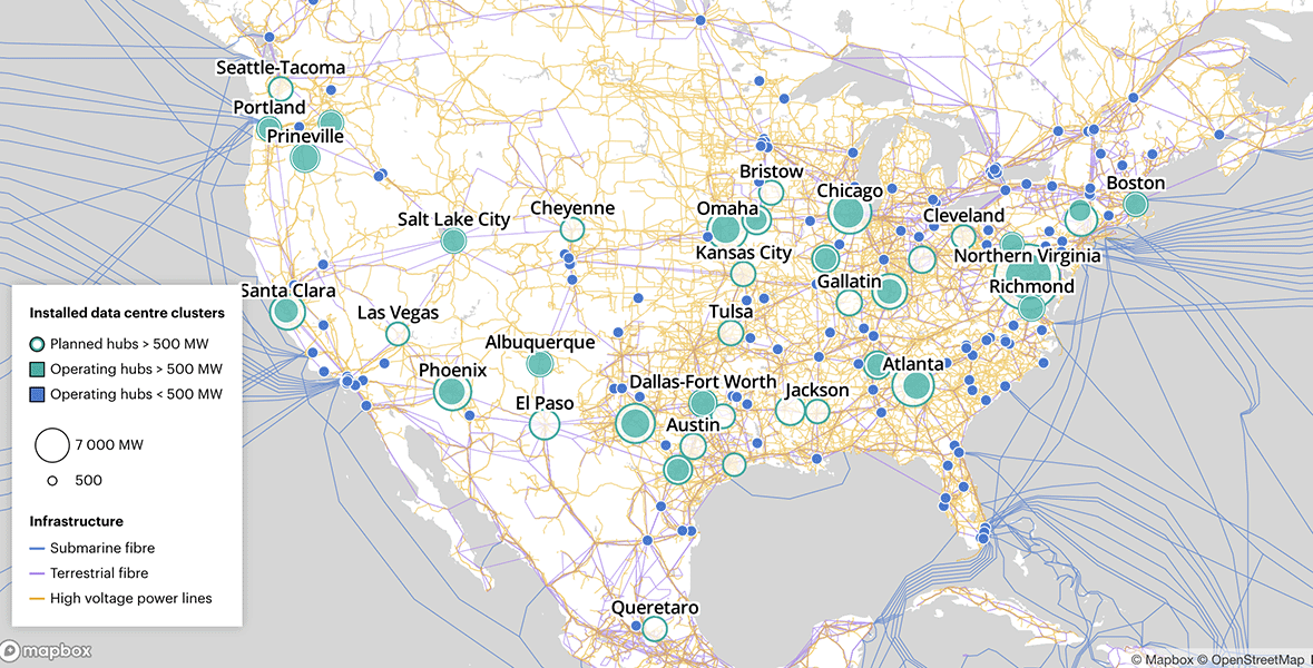 A map of the continental United States with various green and white dots showing the location of data centers.