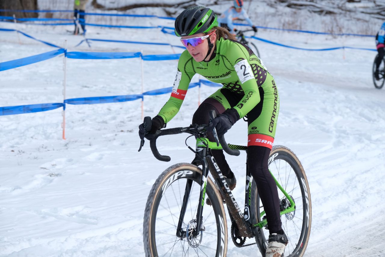 Kaitie Antonneau (Cannondale) riding in third position behind Miller