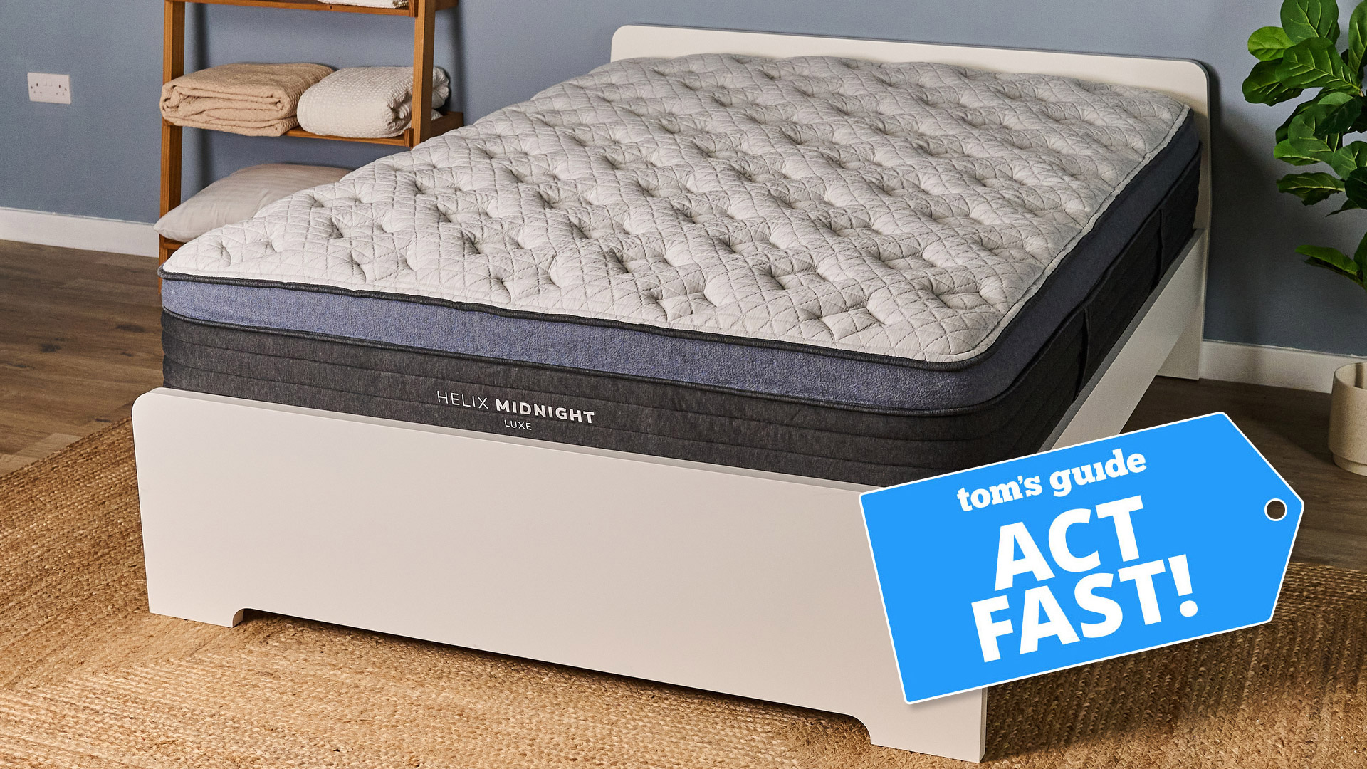 The Helix Midnight Luxe mattress in a bedroom, with a Tom&#039;s Guide badge overlaid saying &quot;ACT FAST!&quot;
