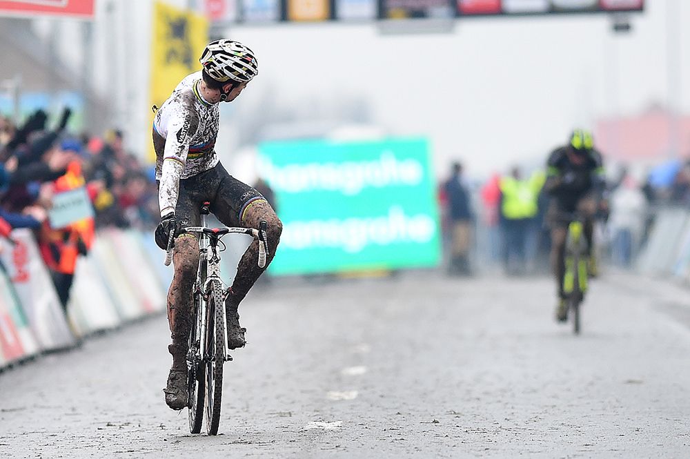 Wout Van Aert celebrates his 'grand slam' - winning the Superprestige, BPost Trofee, World Cup and World Championships in one season