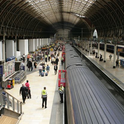 railway station train and people