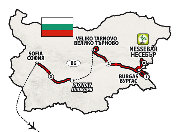 Map of Bulgaria with three Giro d'Italia stages marked on it