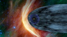 An illustration of two tiny spacecraft exiting a big blue ball representing the solar system