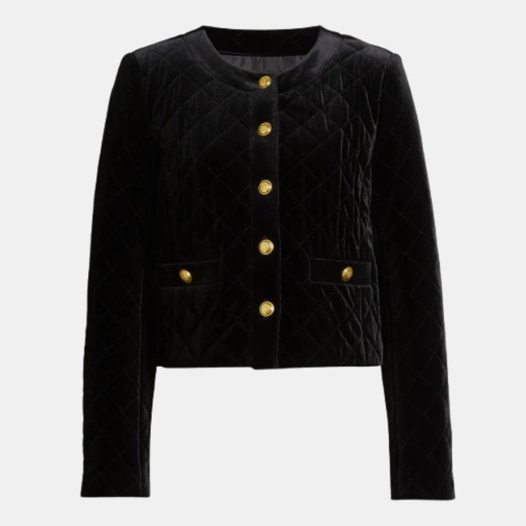 Tahari ASL Black Quilted Crop Velvet Jacket