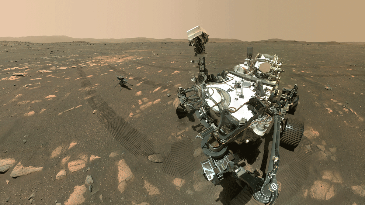 animated selfie take by the Perseverance Mars rover with the Ingenuity helicopter. 