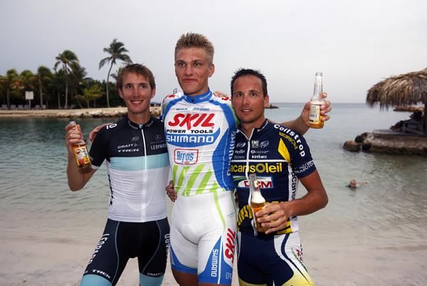 The Amstel Curacao podium: Andy Schleck, Marcel Kittel and Johnny Hoogerland