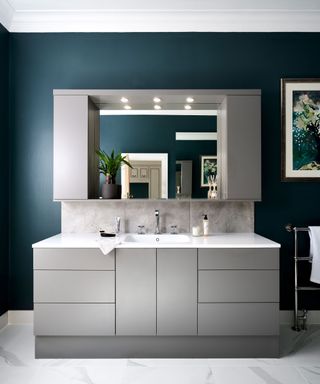 Modern bathroom with sleek, gray vanity unit, white marble effect flooring, blue painted walls