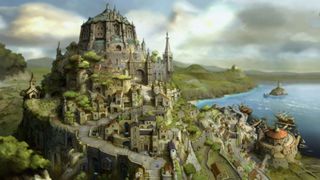 Bravely Default Flying Fairy HD Remaster image showing a giant city built upon a hill by the sea