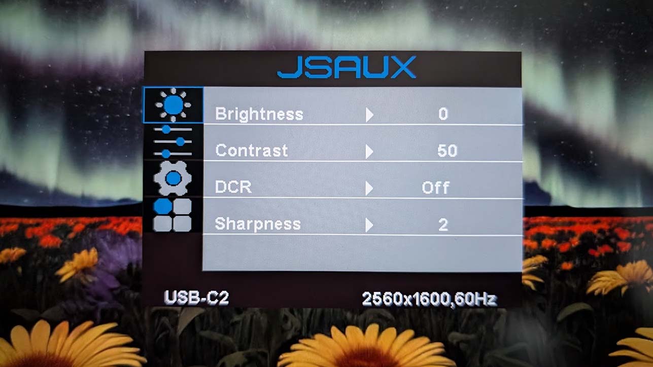 Shot of the JSAUX FlipGo Pro 16's OSD brightness and contrast menu. 