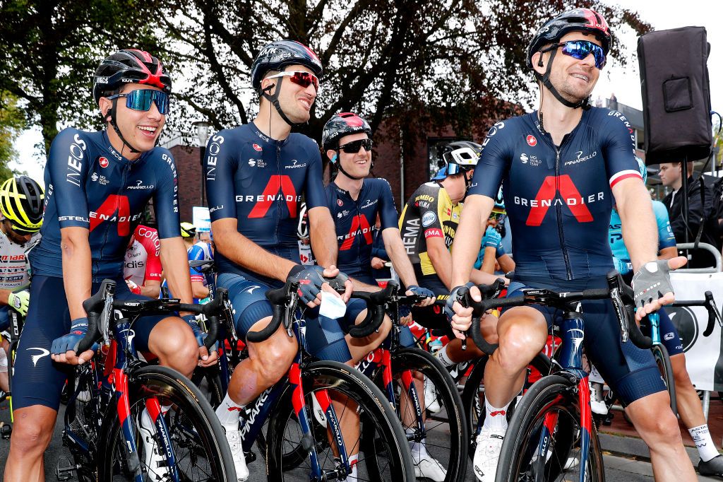 DOKKUM NETHERLANDS AUGUST 30 LR Sebastian Henao Gomez of Colombia Gianni Moscon of Italy Leonardo Basso of Italy and Michal Golas of Poland and Team INEOS Grenadiers prepare for the race prior to the 17th Benelux Tour 2021 Stage 1 a 1696km stage from Surhuisterveen to Dokkum BeneluxTour on August 30 2021 in Dokkum Netherlands Photo by Bas CzerwinskiGetty Images