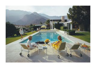 Actress Lita Baron approaches Nelda Links (right, in yellow) and her friend, Helen Dzo Dzo (left) Palm Springs, January 22nd 1970