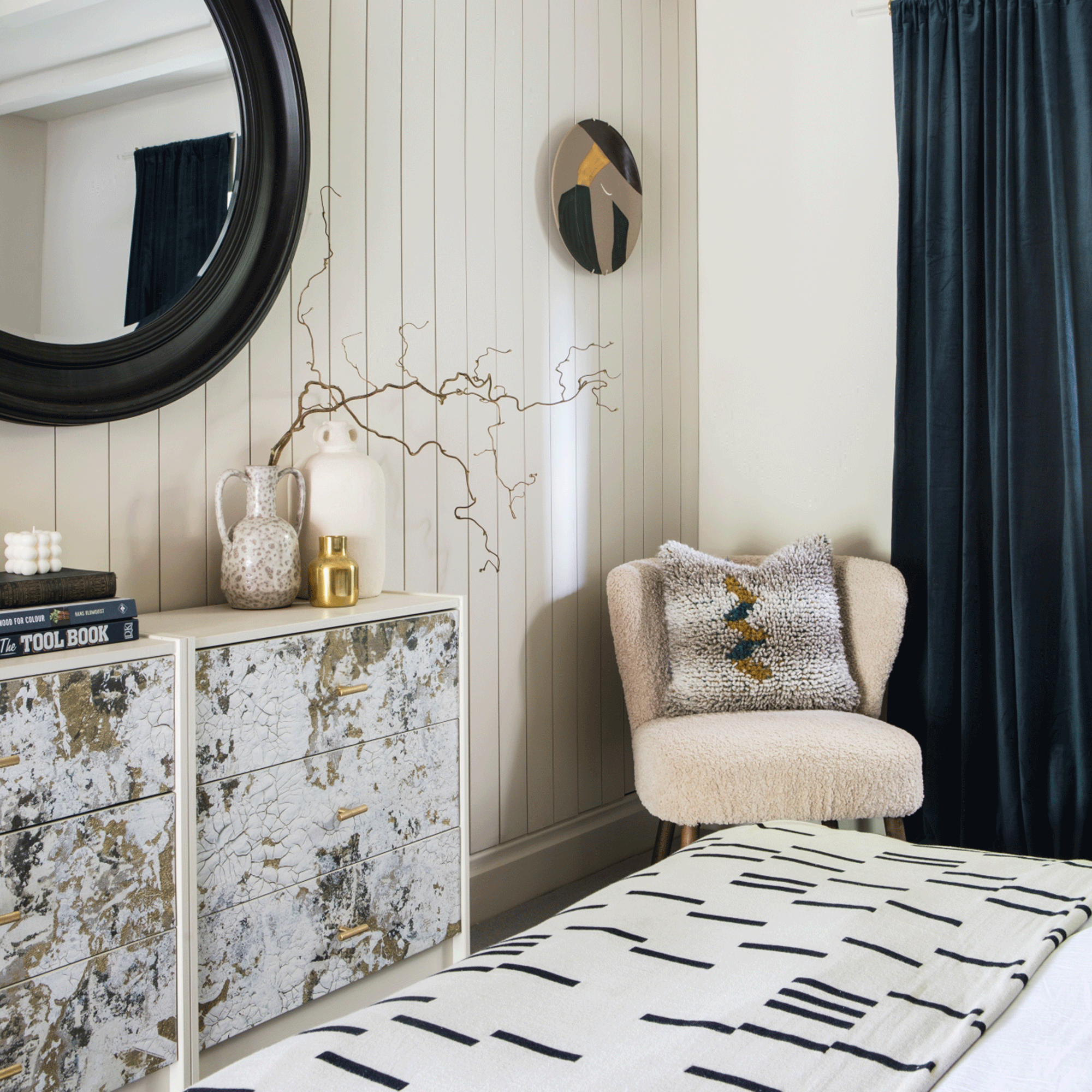 Small bedroom marble covered drawers
