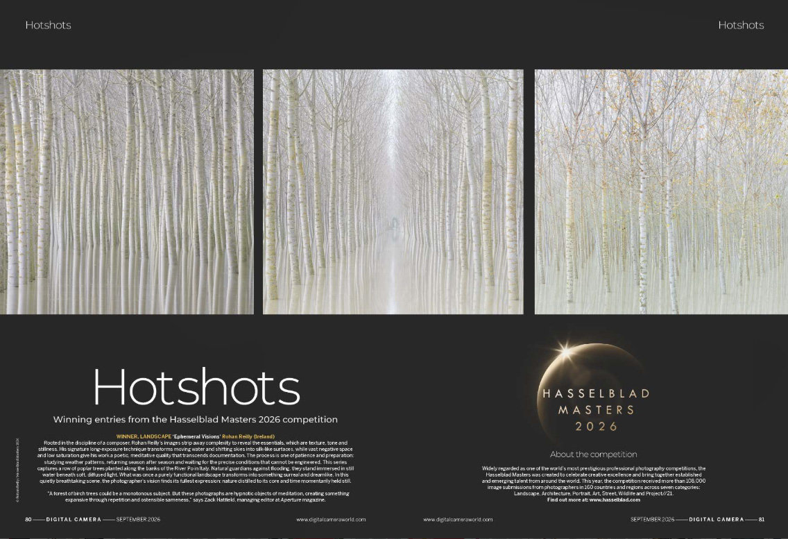 Image showing the first two pages of the Hotshots gallery in issue 311 (September 2026) of Digital Camera magazine, showcasing category winners from the Hasselblad Masters 2026 photo awards