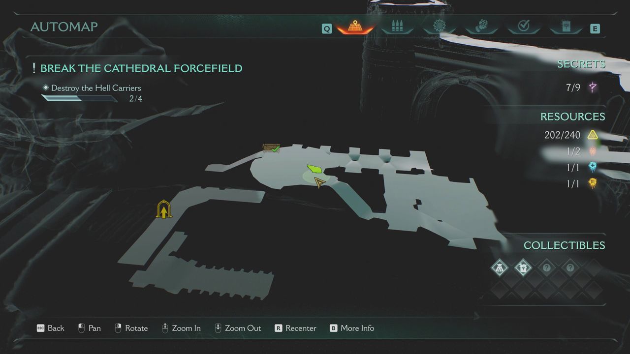 Doom: The Dark Ages Holy City of Aratum secrets - A map highlighting the location of a gold chest in a bloody arena aboard a ship.