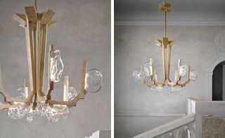 Wooden framed chandelier with glass decoration