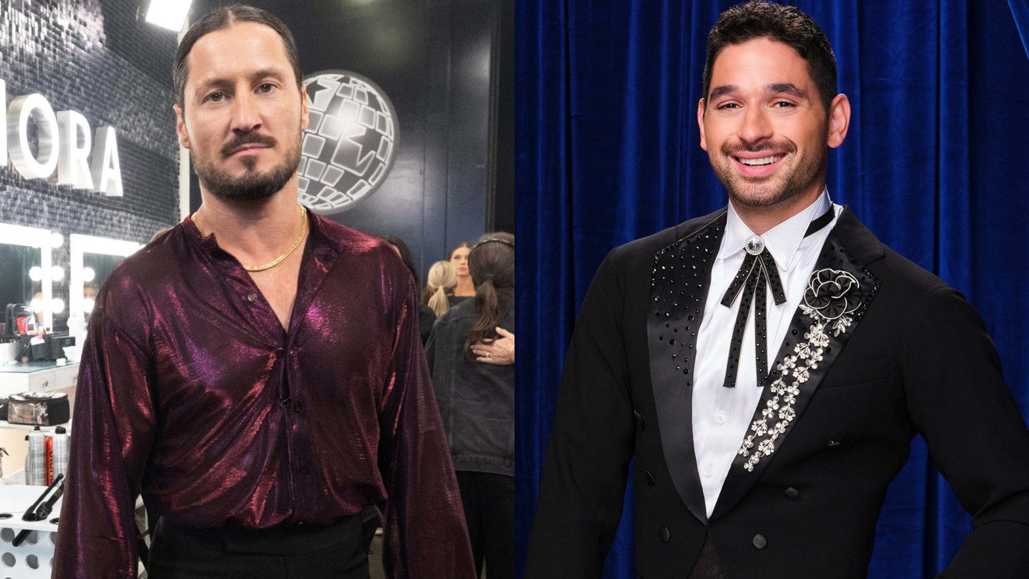 From left to right: A side-by-side of Val Chmerkovskiy looking serious and Alan Bersten smiling.