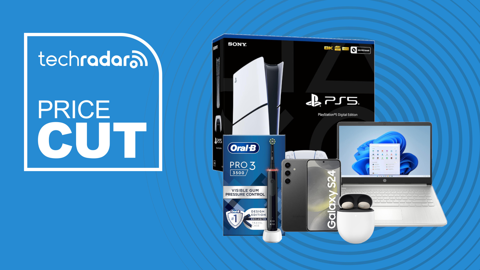 Collage of tech deals from the Amazon UK weekend sale, including a PS5, HP laptop, electric toothbrush, Galaxy S24 and Pixel Buds