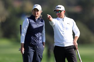 Heidi Ueberroth speaks to Rickie Fowler at Pebble Beach