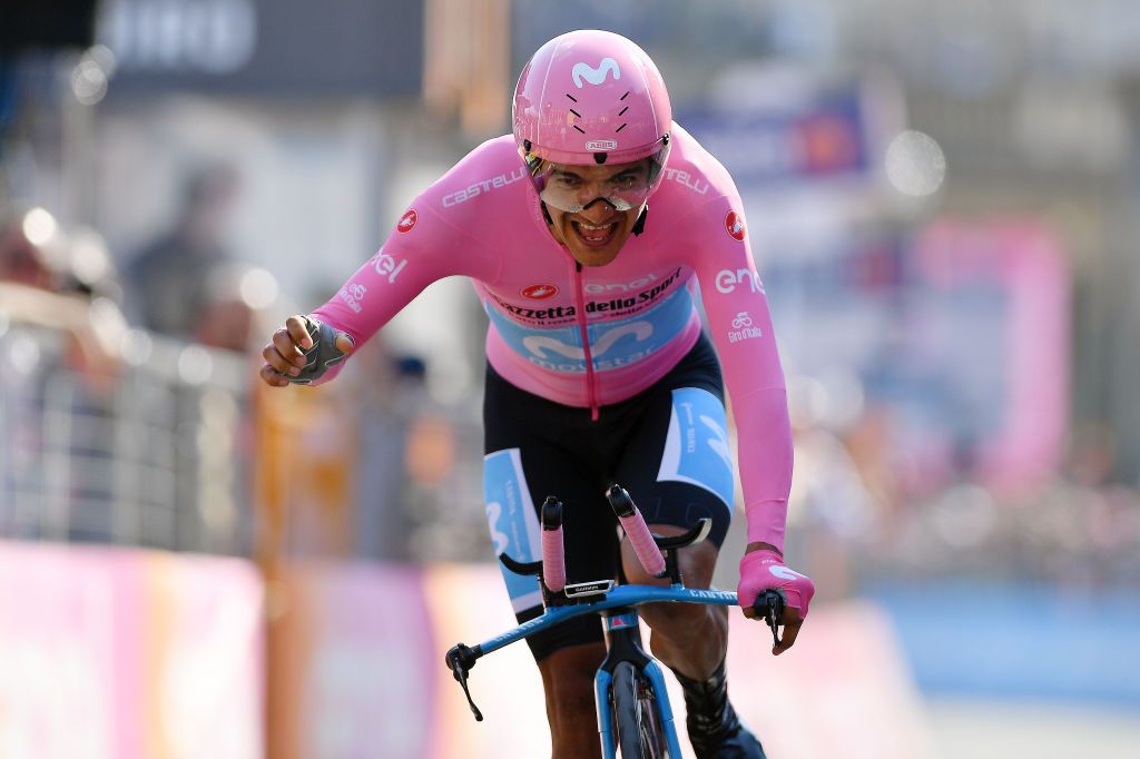Just the pink tape for Richard Carapaz as he sealed overall victory in the final-day time trial in 2019