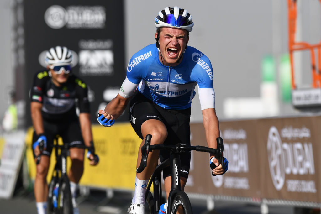DUBAI UNITED ARAB EMIRATES FEBRUARY 25 Mathias Vacek of Czech Republic and Team Gazprom Rusvelo celebrates at finish line as stage winner during the 4th UAE Tour 2022 Stage 6 a 180km stage from Expo 2020 Dubai to Expo 2020 Dubai UAETour WorldTour on February 25 2022 in Dubai United Arab Emirates Photo by Tim de WaeleGetty Images