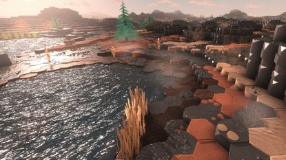 A sunset over a landscape made up of hexagon tiles
