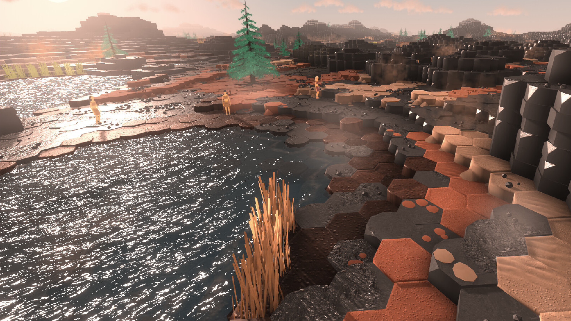 A sunset over a landscape made up of hexagon tiles