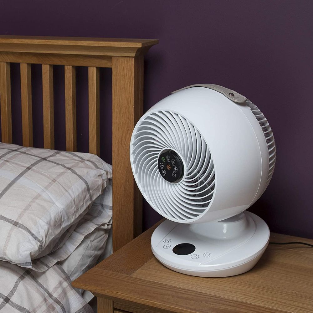 MeacoFan on top of wooden nightstand next to bed with bedding in front of purple wall