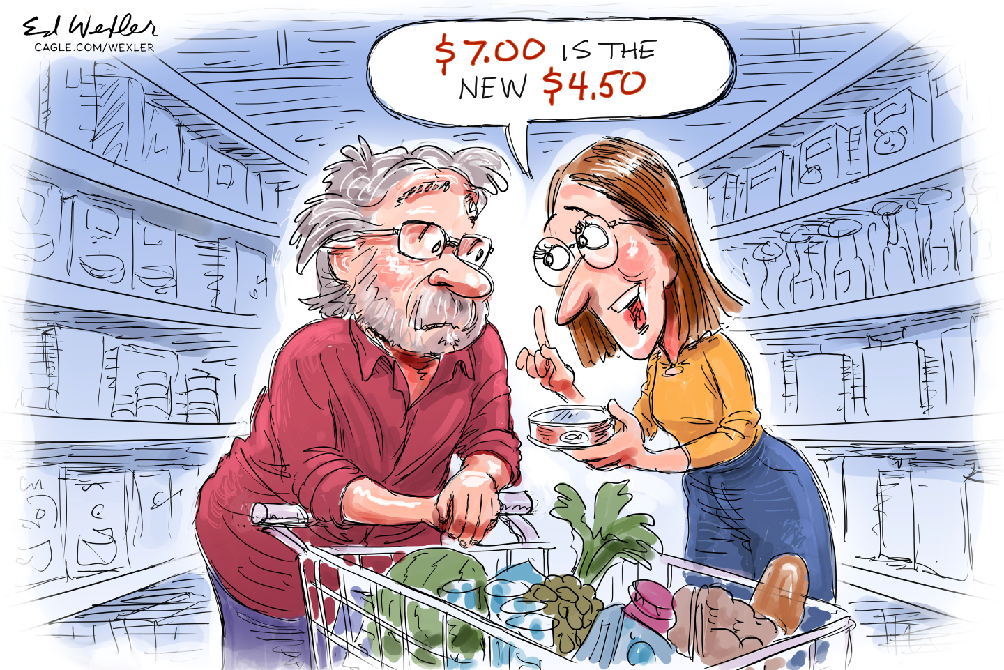 A woman and man are at a grocery store. They stand in between the shelves and have a cart full of items. The woman holds a small can of tuna and says, &amp;ldquo;$7.00 is the new $4.50.&amp;rdquo;