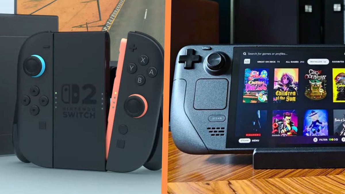 The Steam Deck OLED side by side with a Switch 2&#039;s controller, separated by an orange line