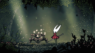 Hornet looks at a bench in Hollow Knight: Silksong.