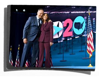 Doug Emhoff and vice-presidential nominee Kamala Harris on stage at the Democratic National Convention in Wilmington, Delaware, on August 19, 2020.