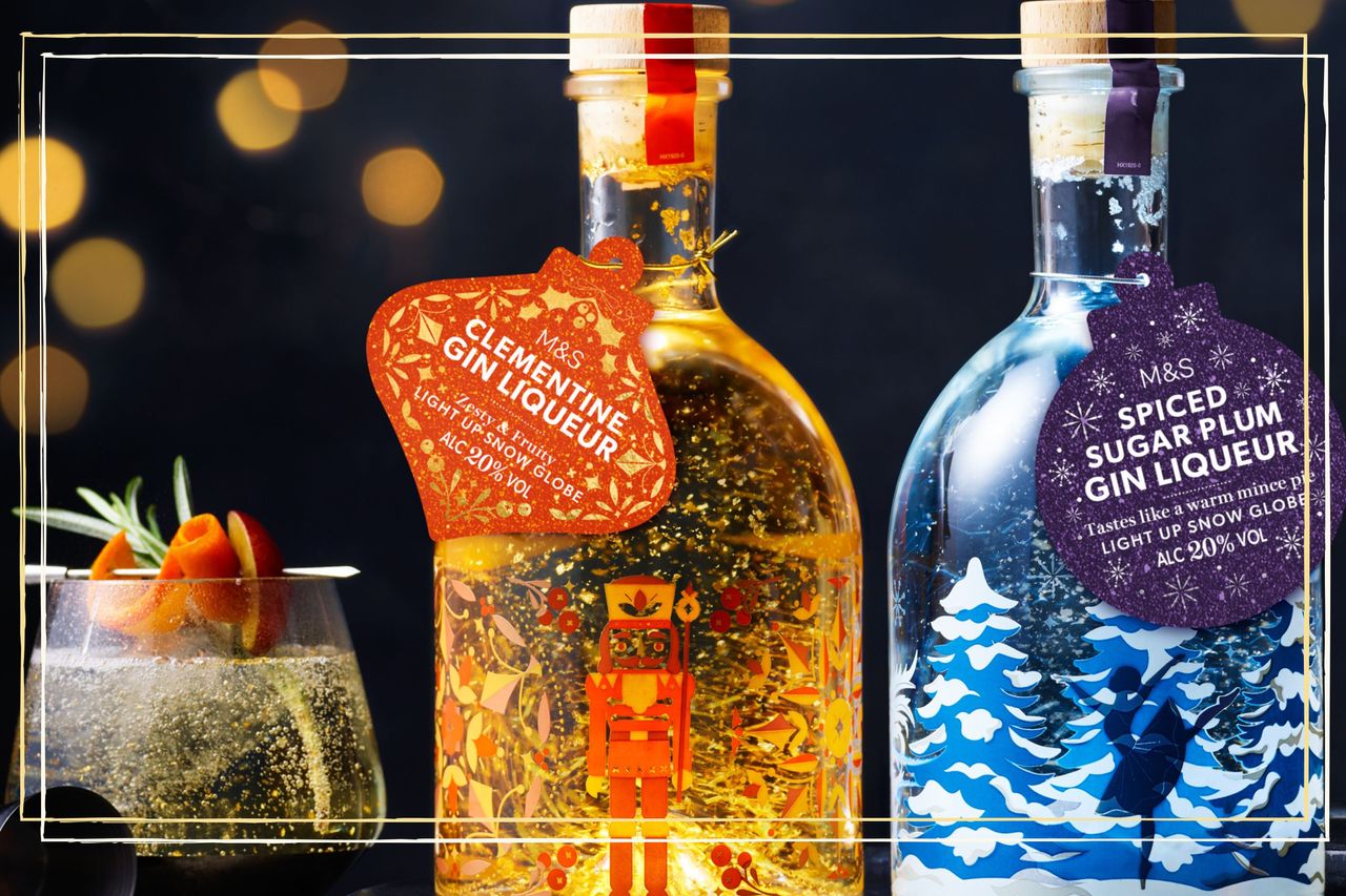 M&amp;S&#039;s light-up Snow globe gins in clementine and sugarplum, next to a glass of gin and tonic