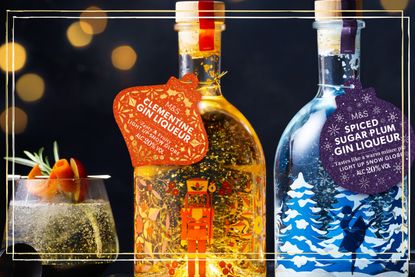 M&S's light-up Snow globe gins in clementine and sugarplum, next to a glass of gin and tonic