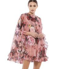 FLORAL PRINT HIGH NECK RUFFLE HEM CAPE MINI DRESS, $398 (£317) | Macduggal