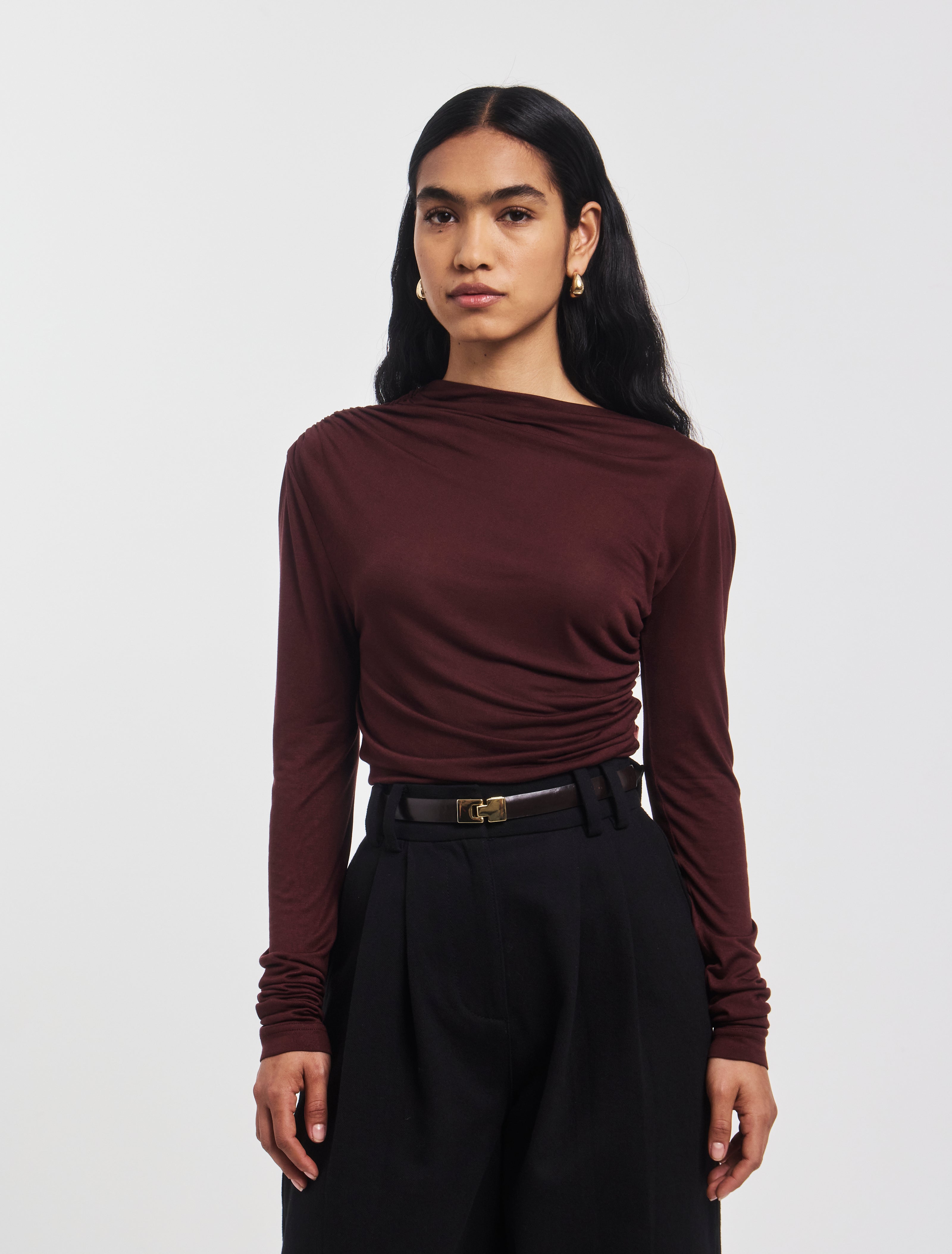 Iphis Draped Long Sleeve Top in Bordeaux