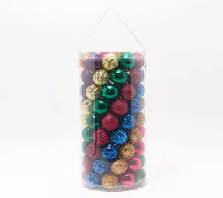 101-Piece Shatterproof Ornament Set in a clear vertical tube