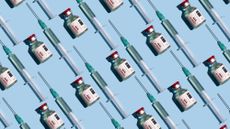 Covid-19 vaccines and vials on blue background