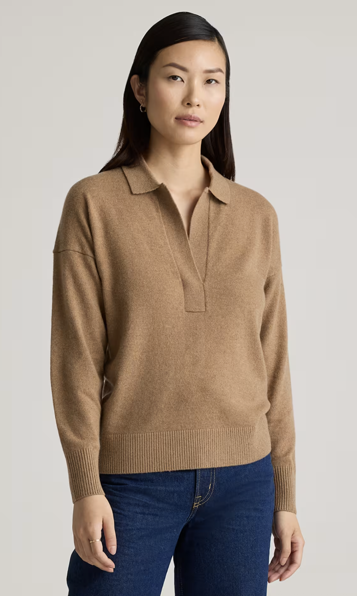 Quince, Mongolian Cashmere Polo Sweater in Teak