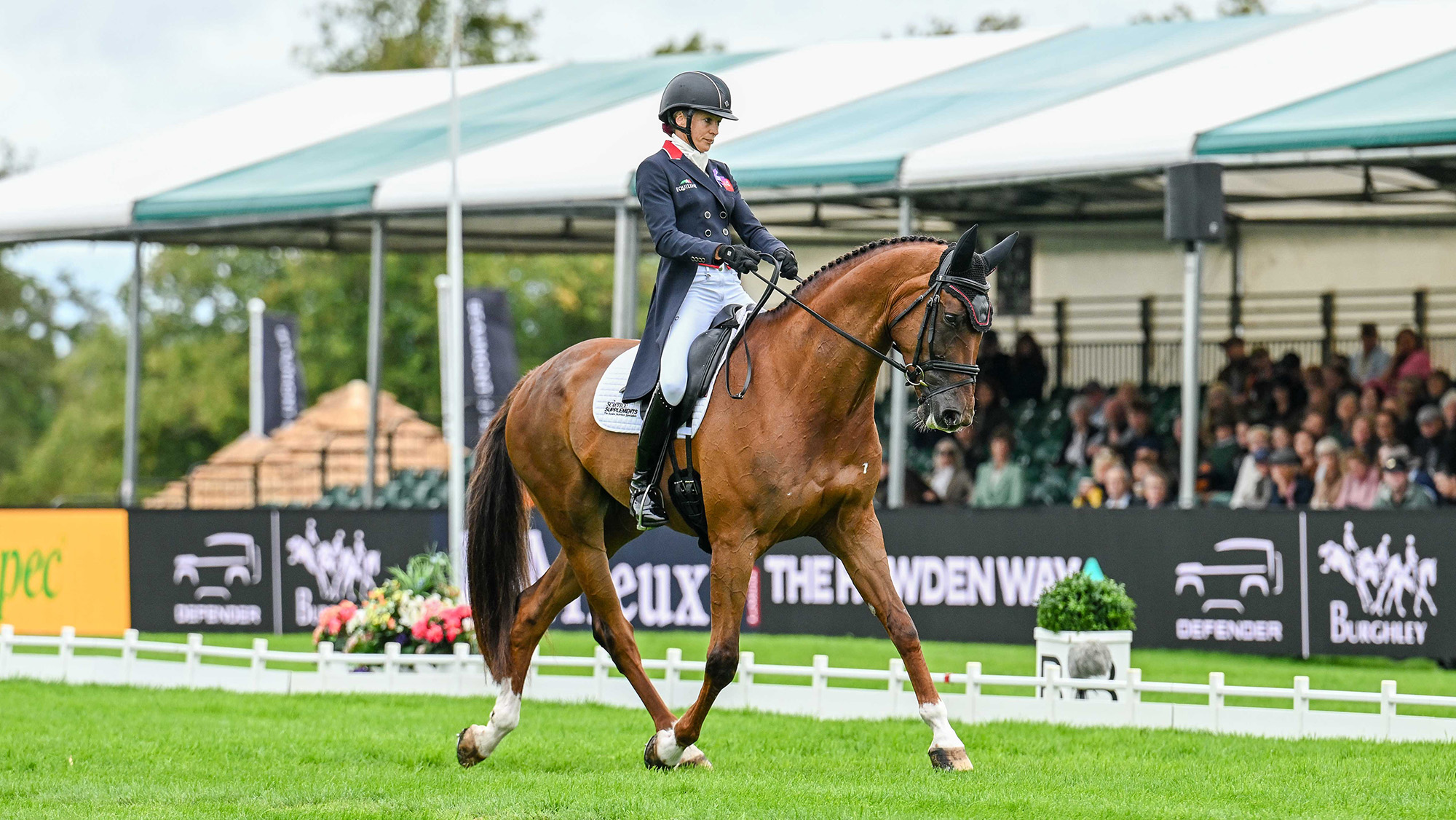 Sarah Bullimore, a rider in a blue tailcoat with red trim, rides chestnut horse Corimiro on the grass in the Burghley dressage arena