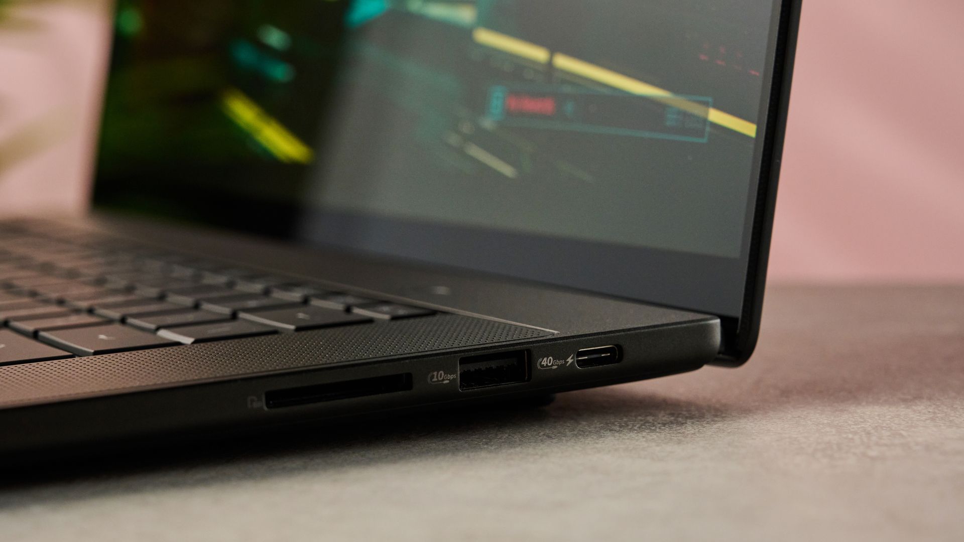 A closeup of the right side of the ProArt P16 RTX Spark showing USB-C and Ethernet ports, as well as an SD Express card reader.