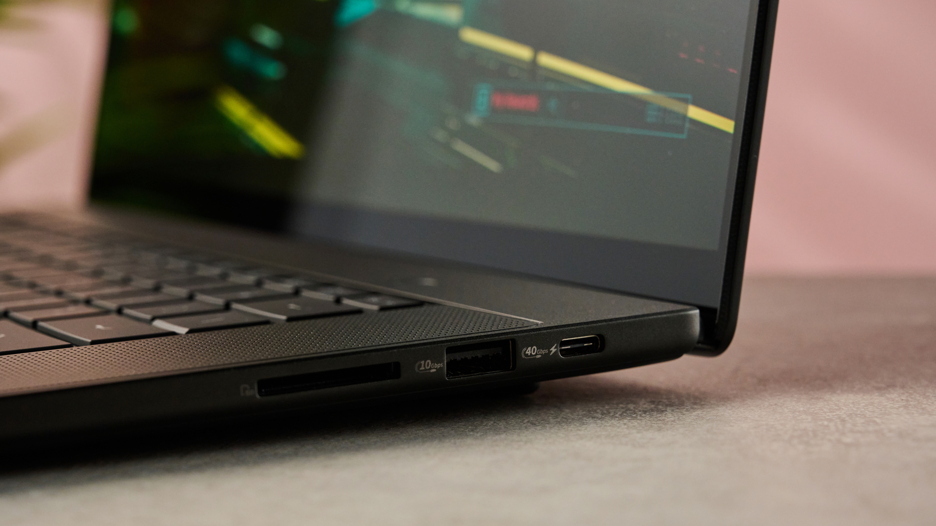 A closeup of the right side of the ProArt P16 RTX Spark showing USB-C and Ethernet ports, as well as an SD Express card reader.