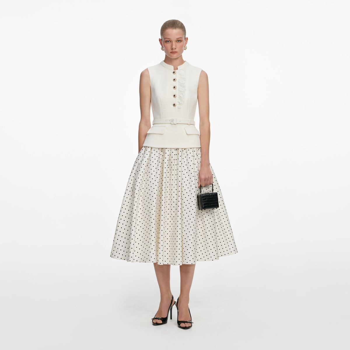 Cream Boucle Polka Dot Midi Dress