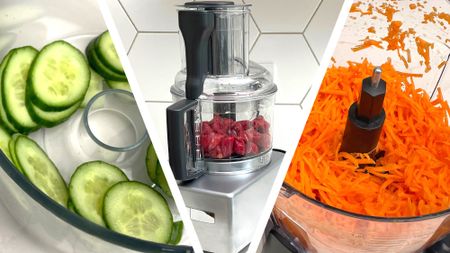Sliced cucumber in food processor, food processor containing berries, and grated carrot in food processor