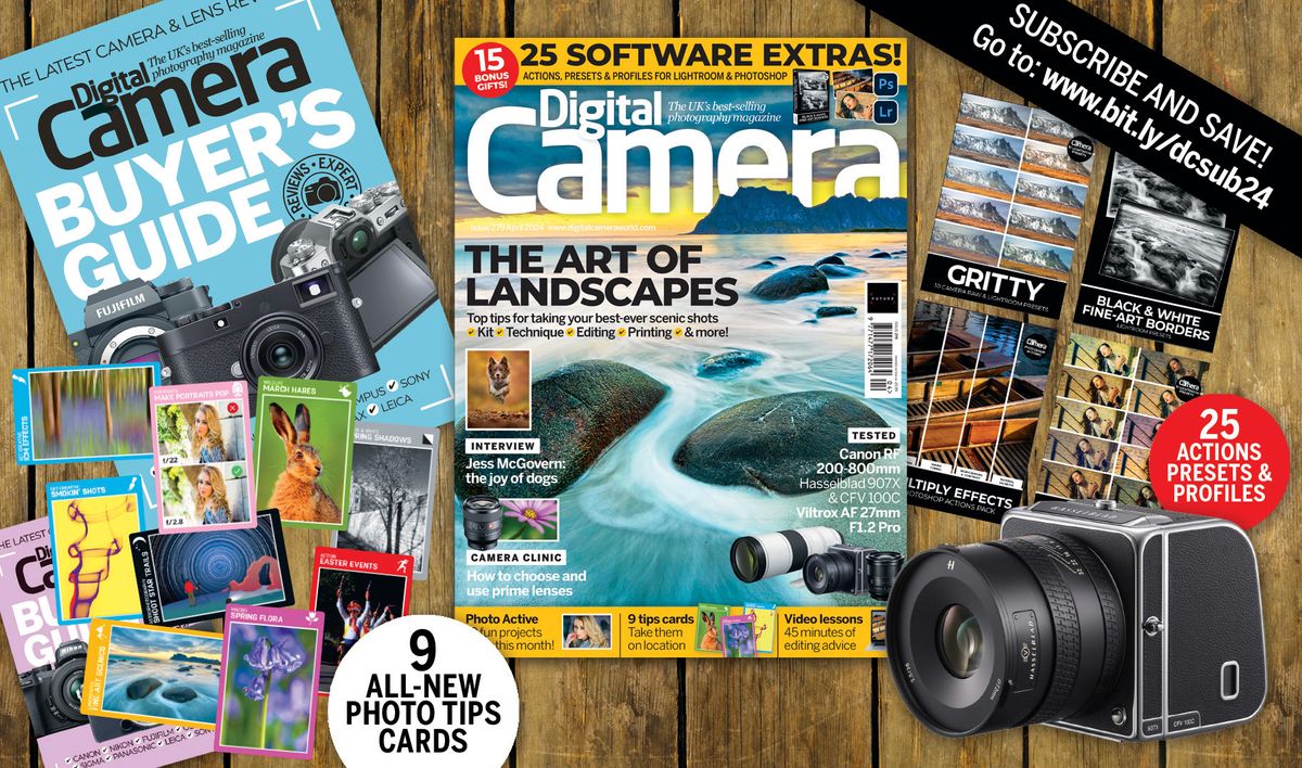 Montage of the front cover of Digital Camera issue 279 (April) and the bonus gifts included with the magazine, including nine photo tips cards and 25 software extras for Adobe Photoshop and Lightroom