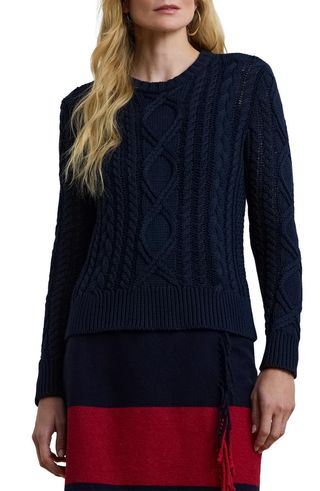 Aran Stitch Cotton Crewneck Sweater