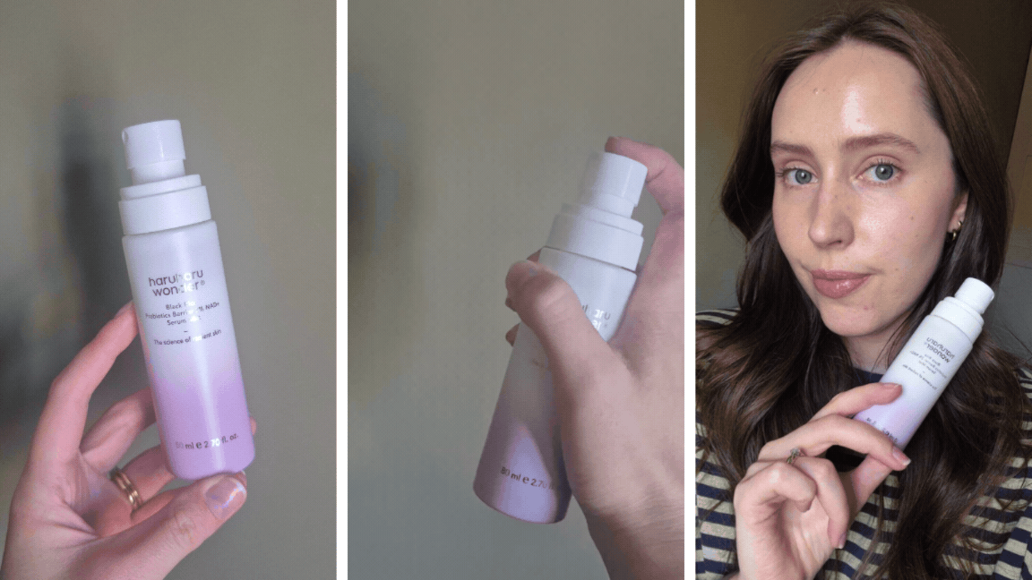 On the left is a close-up of Digital Beauty Writer, Naomi Jamieson's hand seen holding the HaruHaru Wonder Black Rice Probiotics Barrier NAD+ Serum Mist, followed by a gif/video of her spraying the mist in front of a green wall, and on the right, a picture of Naomi, having applied the face mist over her makeup.