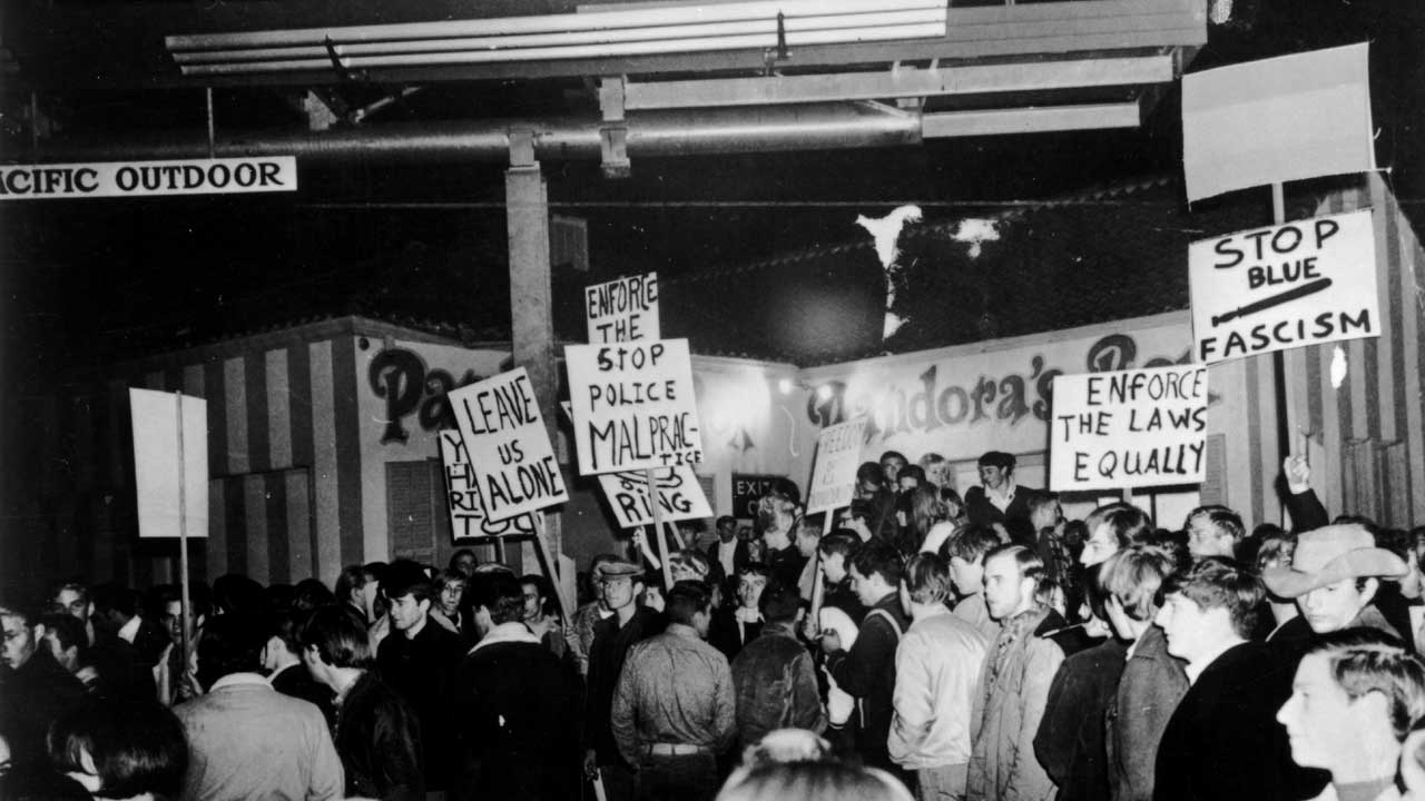 Approximately 1000 young music fans gathered at the Pandora's Box club on Sunset Strip to protest a 10pm curfew imposed by local residents during the &amp;quot;Sunset Strip Curfew Riots&amp;quot; aka &amp;quot;hippie riots&amp;quot; on November 12, 1966