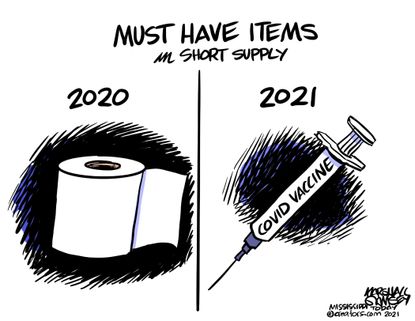 Editorial Cartoon U.S. 2020 2021 covid vaccine toilet paper