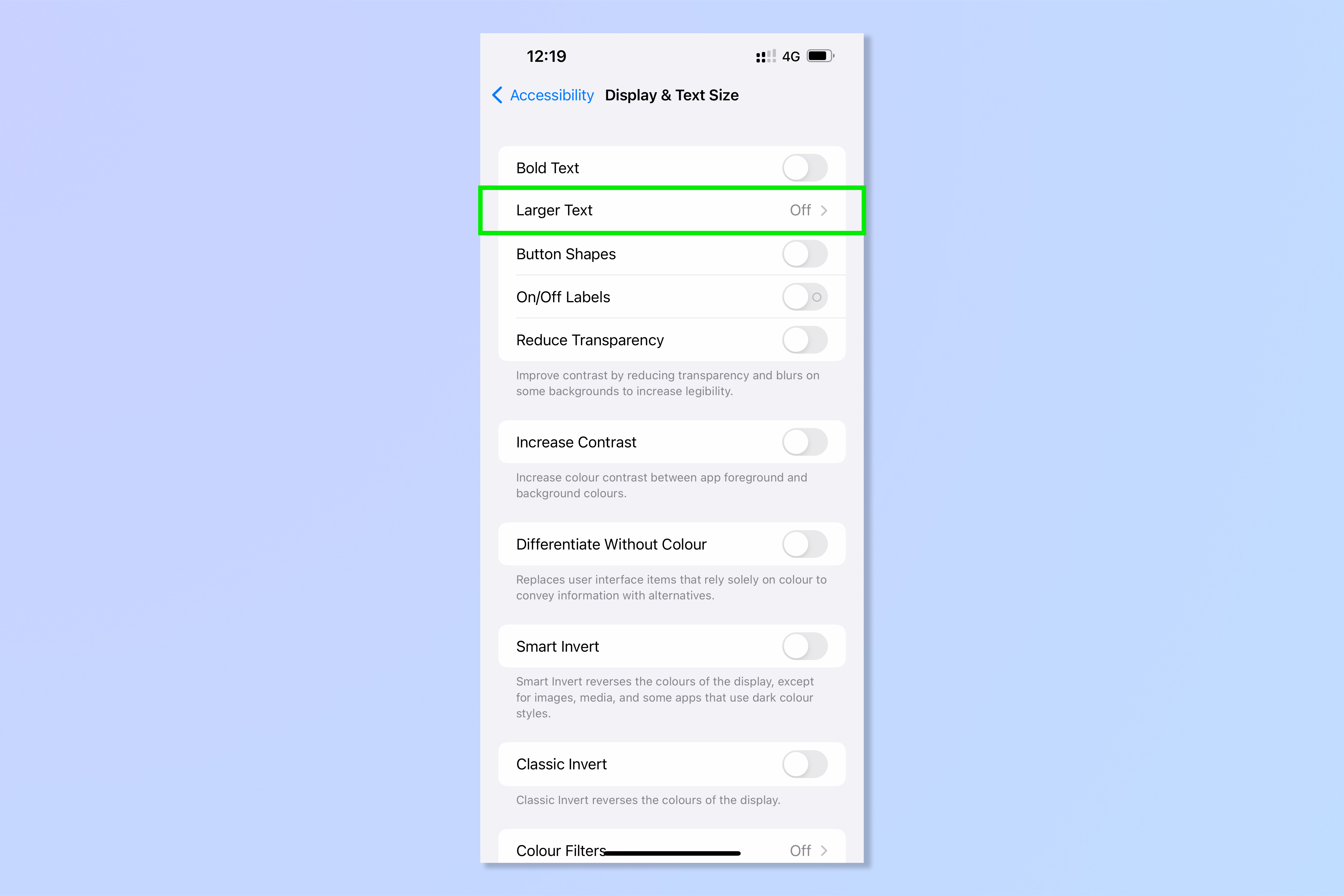 Una captura de pantalla que muestra los pasos necesarios para cambiar el tamaño de fuente en el iPhone
