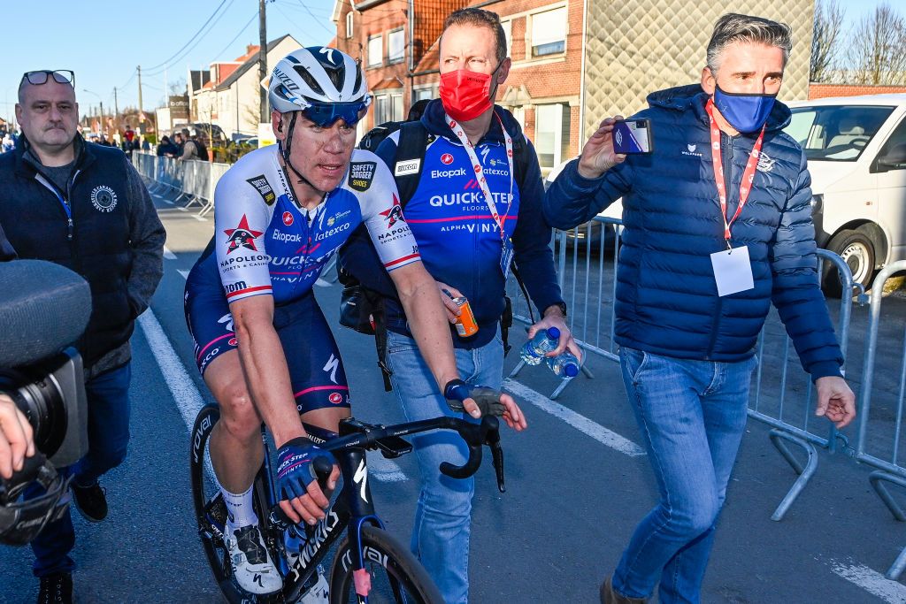 Dutch Fabio Jakobsen of QuickStep Alpha Vinyl celebrates after winning the KuurneBrusselsKuurne one day cycling race 1951 km from Kuurne to Kuurne via Brussels Sunday 27 February 2022 BELGA PHOTO ERIC LALMAND Photo by ERIC LALMANDBELGA MAGAFP via Getty Images